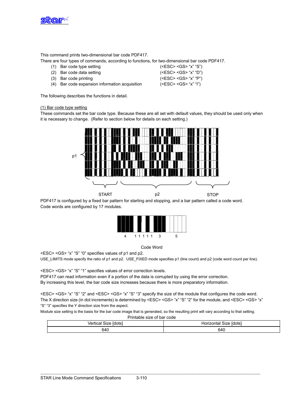Two-dimensional bar code pdf417 command details | Star Micronics Line Thermal Printer User Manual | Page 126 / 181