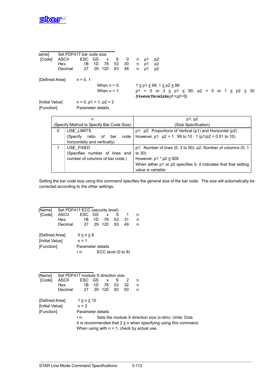 Esc gs x s 0 n p1 p2, Esc gs x s 1 n, Esc gs x s 2 n | Star Micronics Line Thermal Printer User Manual | Page 128 / 181