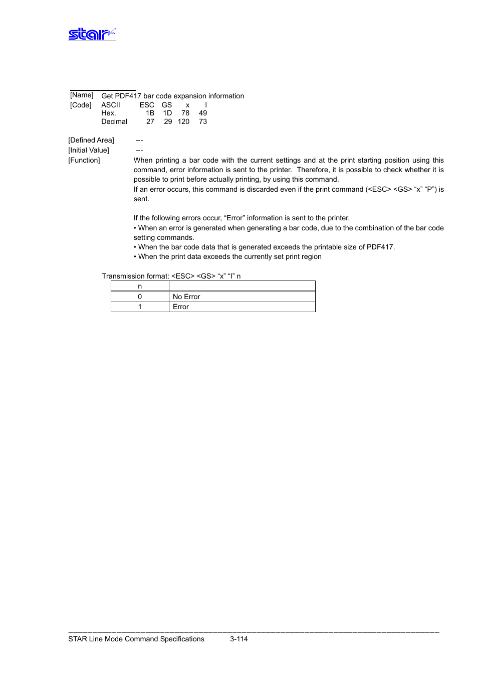Esc gs x i | Star Micronics Line Thermal Printer User Manual | Page 130 / 181