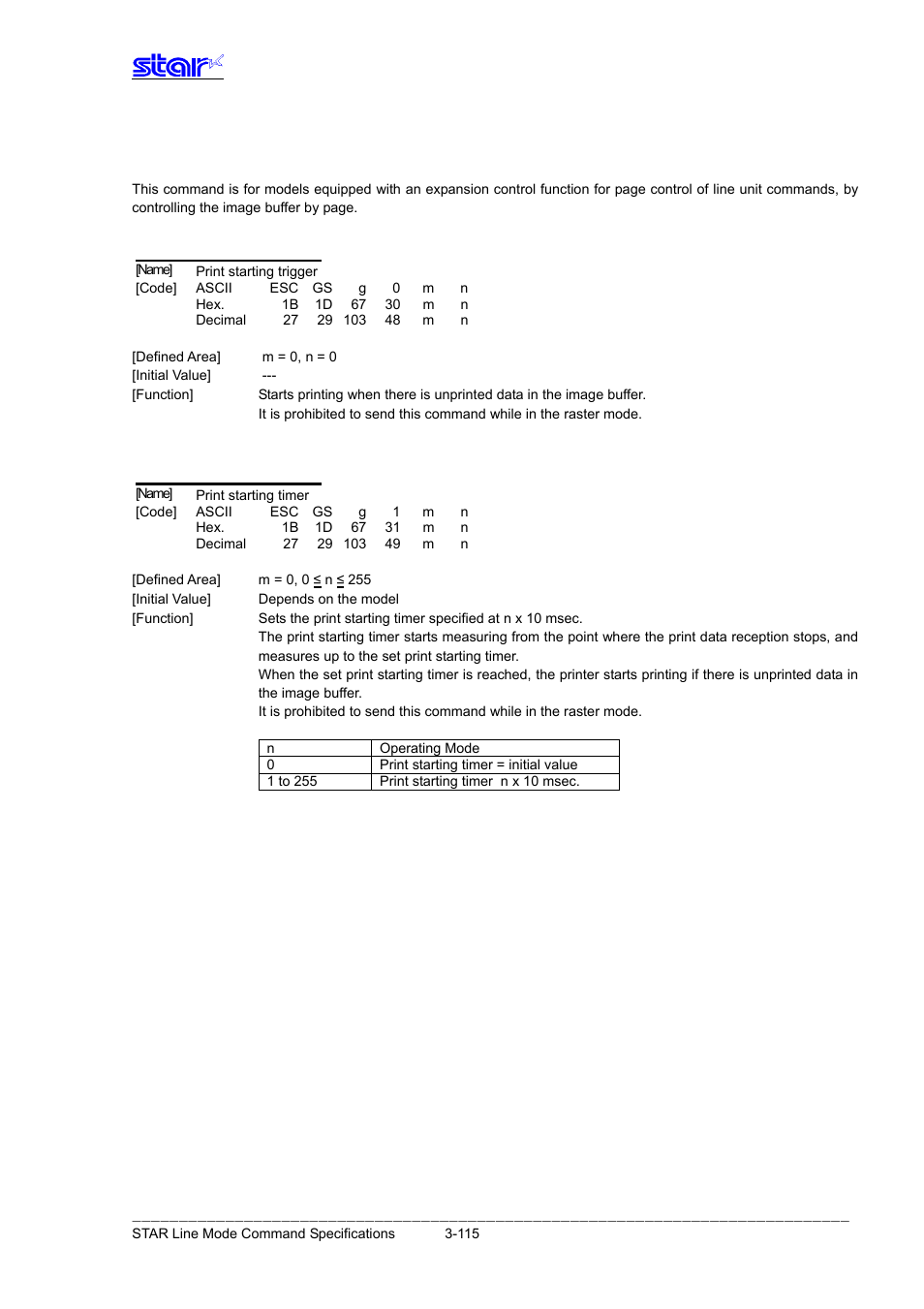 Esc gs g 0 m n, Esc gs g 1 m n | Star Micronics Line Thermal Printer User Manual | Page 131 / 181