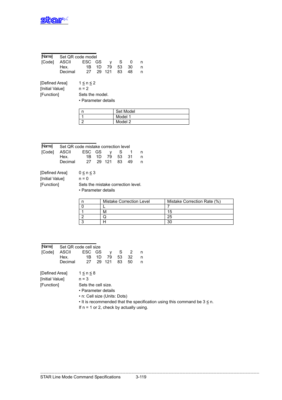 Esc gs y s 0 n, Esc gs y s 1 n, Esc gs y s 2 n | Star Micronics Line Thermal Printer User Manual | Page 135 / 181