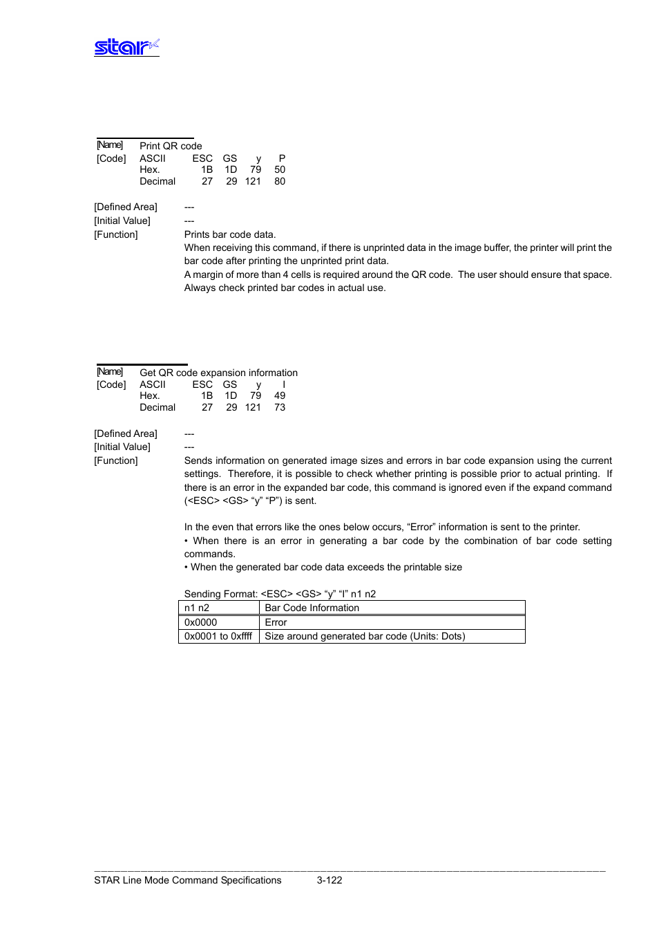 Esc gs y p, Esc gs y i | Star Micronics Line Thermal Printer User Manual | Page 138 / 181