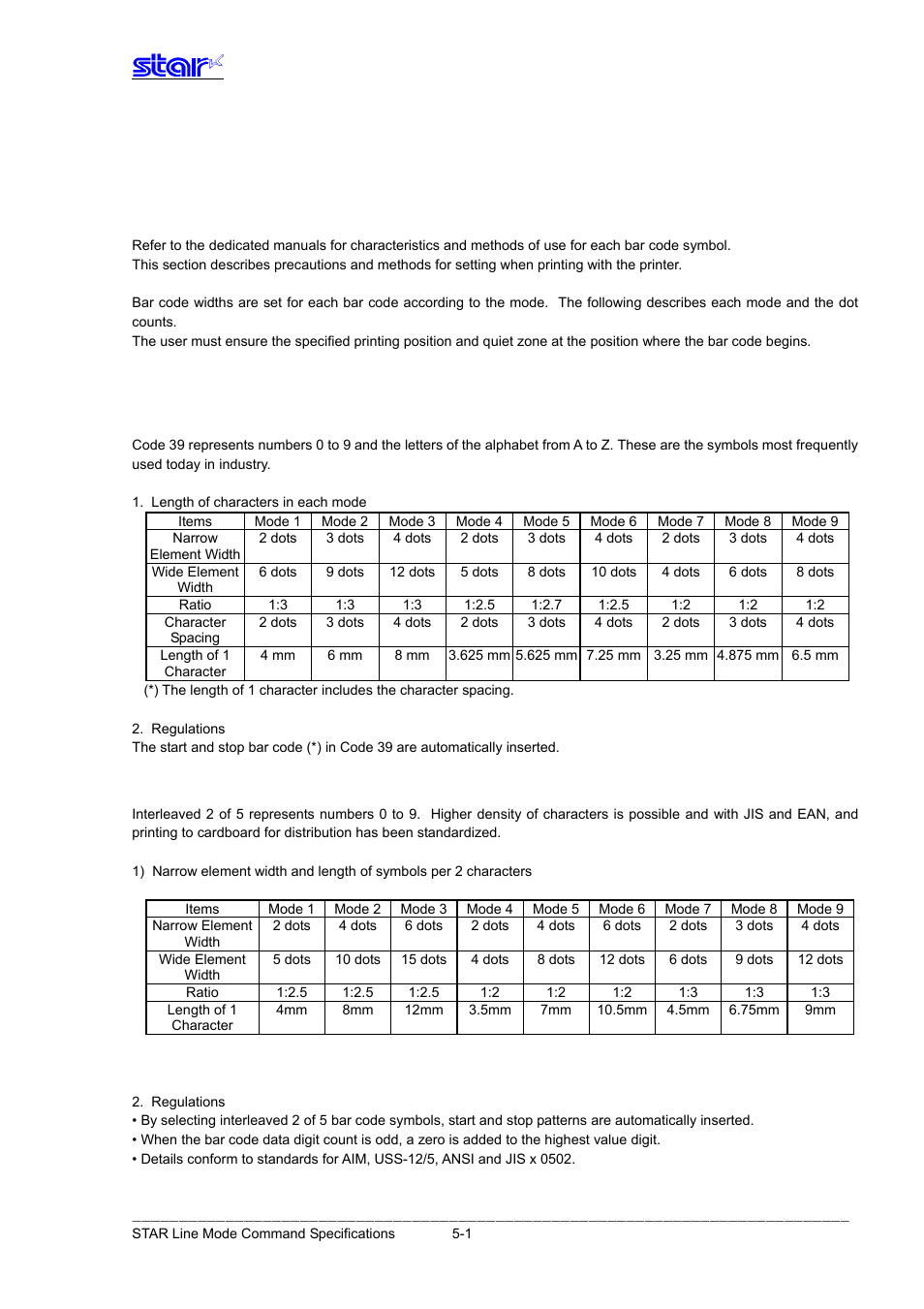 Appendix, Appendix 1: bar code specification details, Code 39 | Interleaved 2 of 5 | Star Micronics Line Thermal Printer User Manual | Page 142 / 181