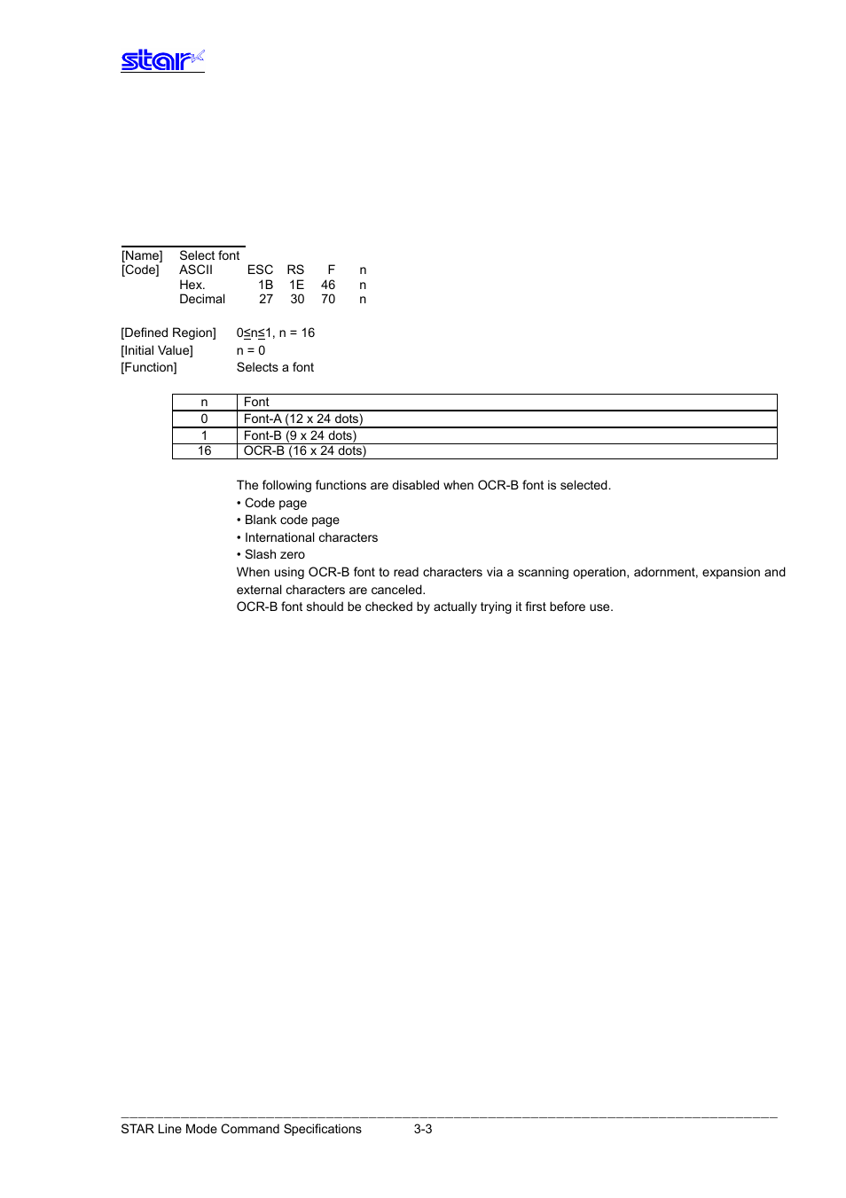 Standard command details, Font style and character set, Esc rs f n | Star Micronics Line Thermal Printer User Manual | Page 19 / 181
