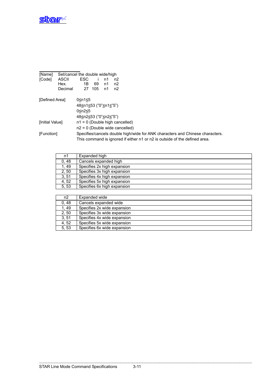 Character expansion settings, Esc i n1 n2 | Star Micronics Line Thermal Printer User Manual | Page 27 / 181