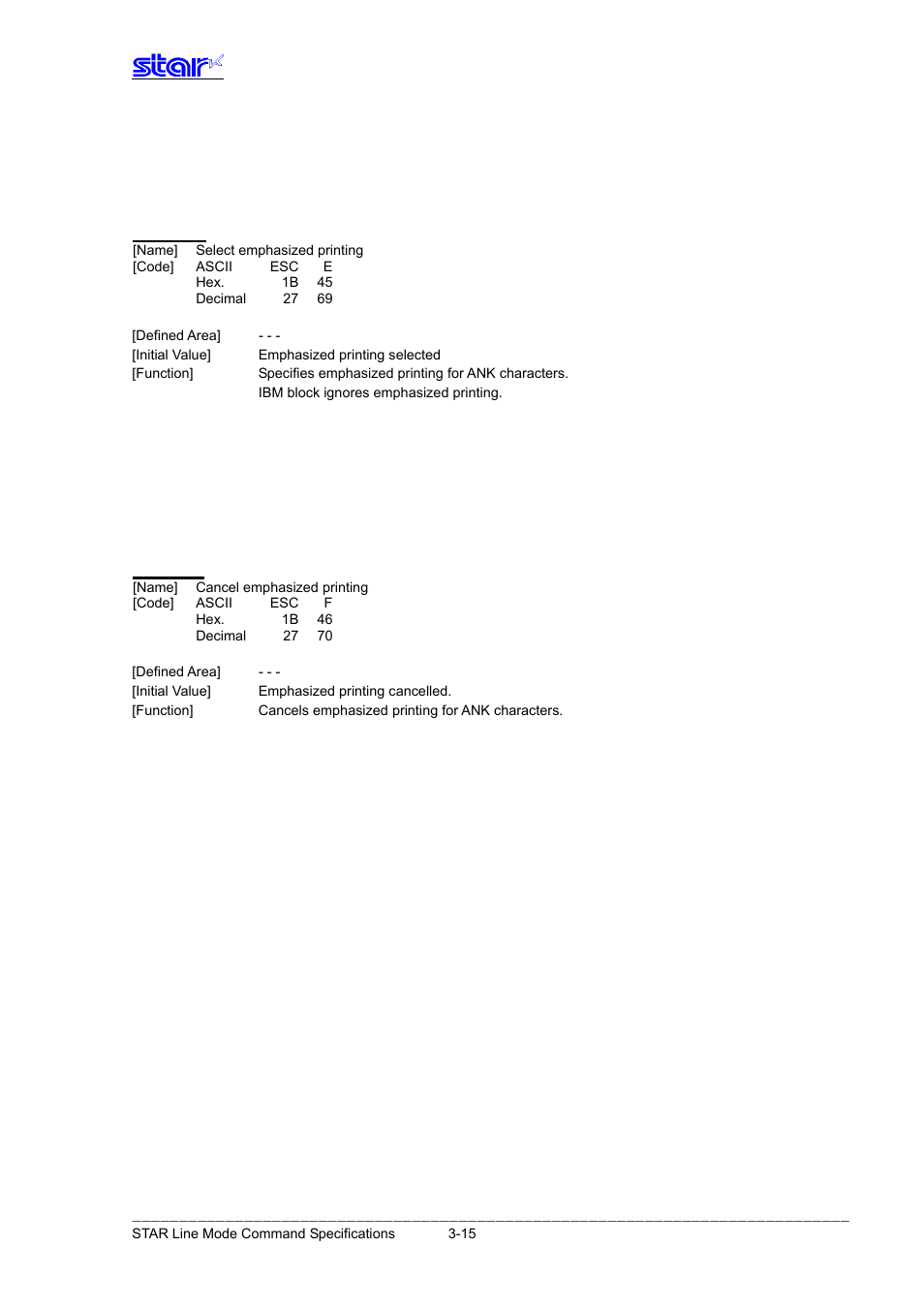 Print mode, Esc e, Esc f | Star Micronics Line Thermal Printer User Manual | Page 31 / 181