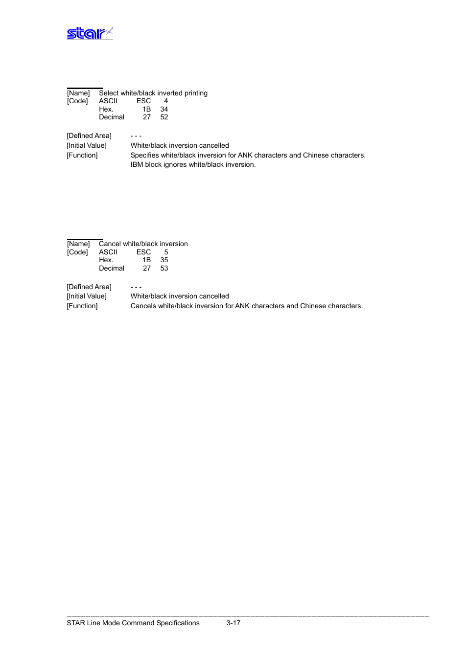 Esc 4, Esc 5 | Star Micronics Line Thermal Printer User Manual | Page 33 / 181