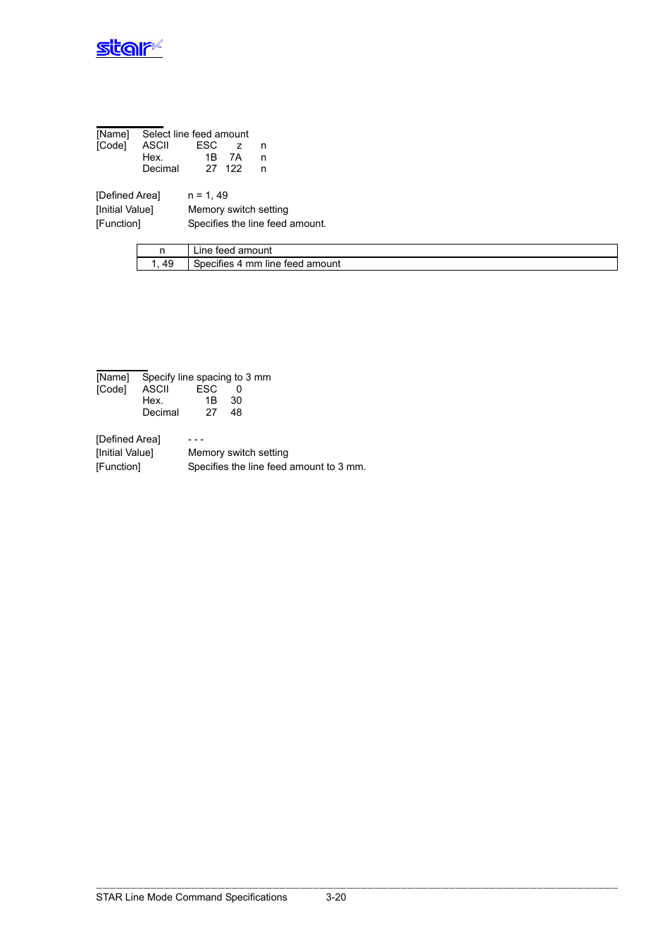 Esc z n, Esc 0 | Star Micronics Line Thermal Printer User Manual | Page 36 / 181