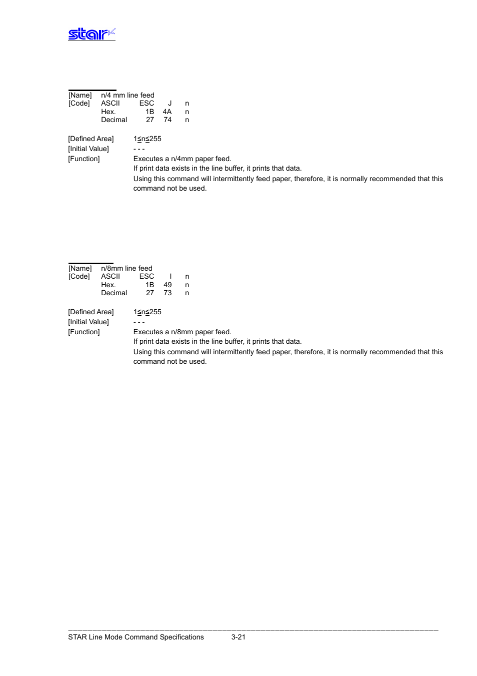Esc j n, Esc i n | Star Micronics Line Thermal Printer User Manual | Page 37 / 181