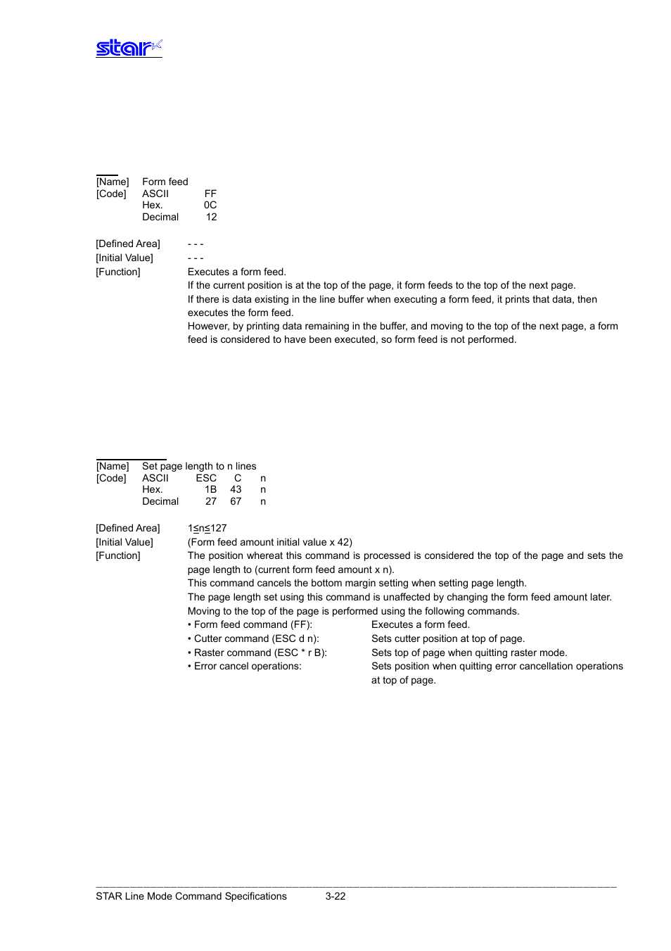 Esc c n | Star Micronics Line Thermal Printer User Manual | Page 38 / 181
