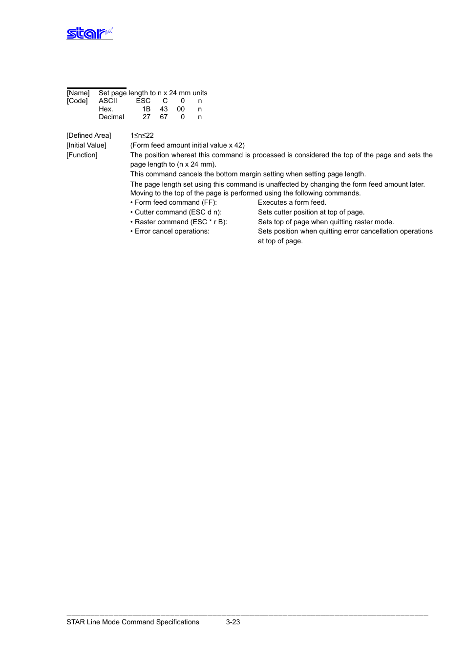 Esc c 0 n | Star Micronics Line Thermal Printer User Manual | Page 39 / 181