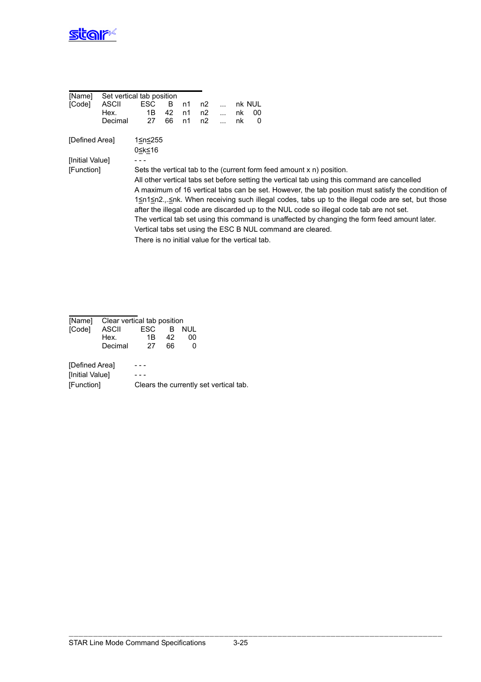 Esc b n1 n2…nk nul, Esc b nul | Star Micronics Line Thermal Printer User Manual | Page 41 / 181