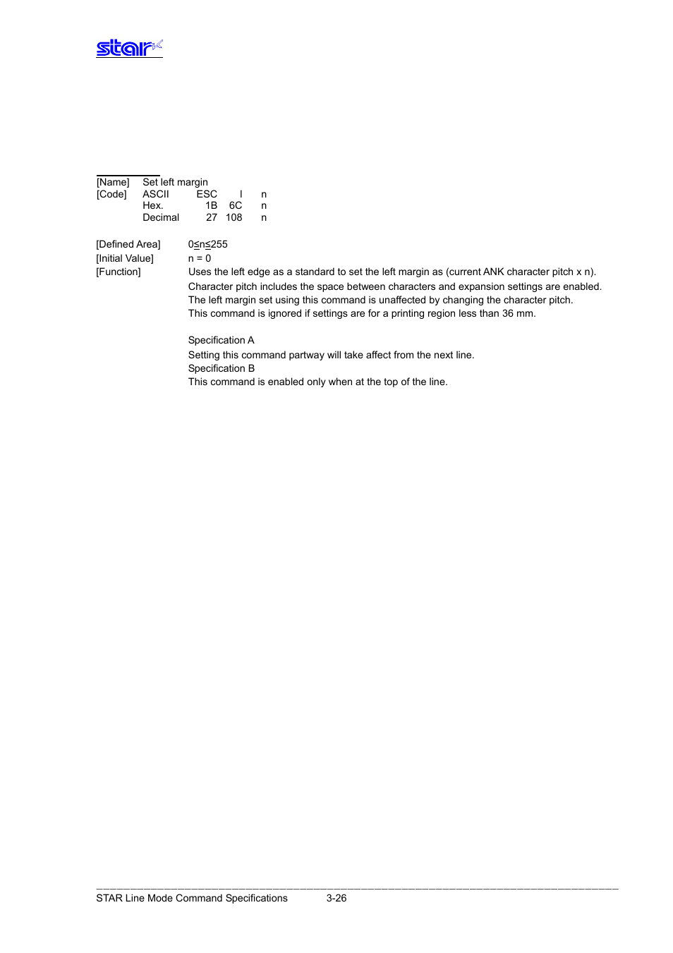 Horizontal direction printing position, Esc l n | Star Micronics Line Thermal Printer User Manual | Page 42 / 181