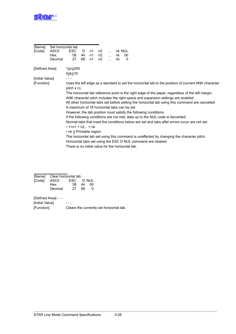 Esc d n1 n2…nk nul, Esc d nul | Star Micronics Line Thermal Printer User Manual | Page 44 / 181
