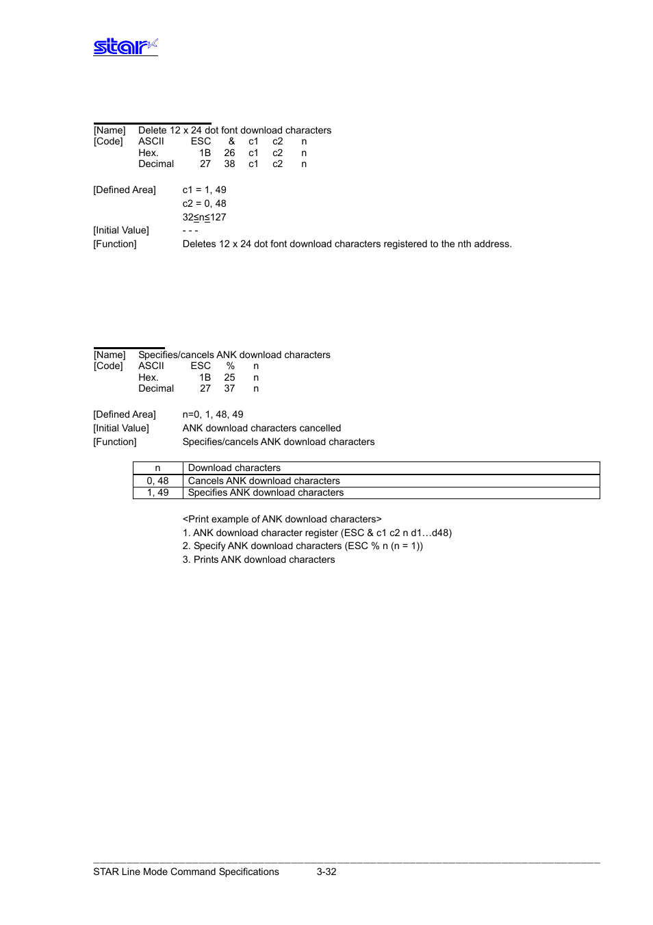 Esc & c1 c2 n, Esc % n | Star Micronics Line Thermal Printer User Manual | Page 48 / 181
