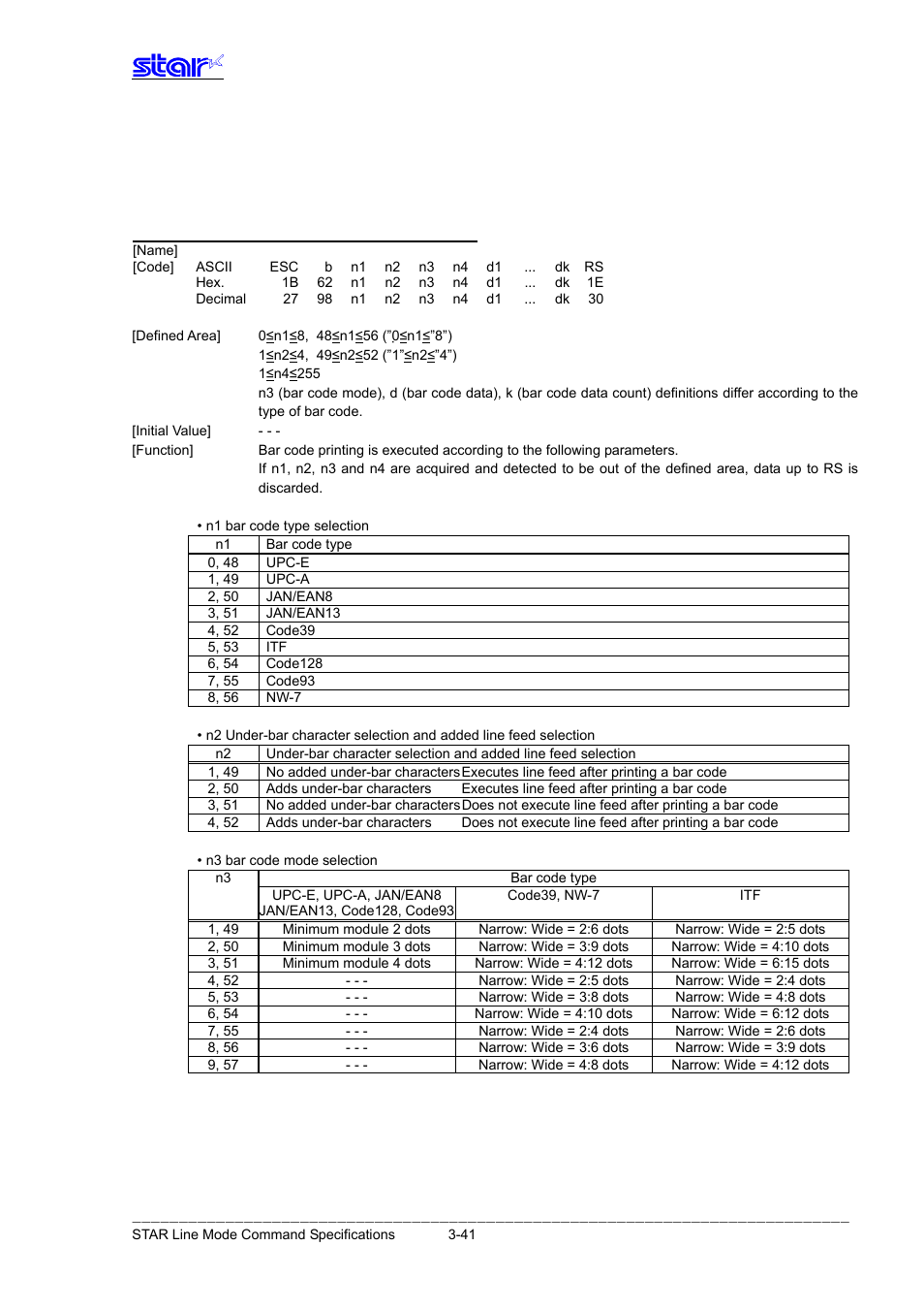 Bar code, Esc b n1 n2 n3 n4 d1...dk rs | Star Micronics Line Thermal Printer User Manual | Page 57 / 181