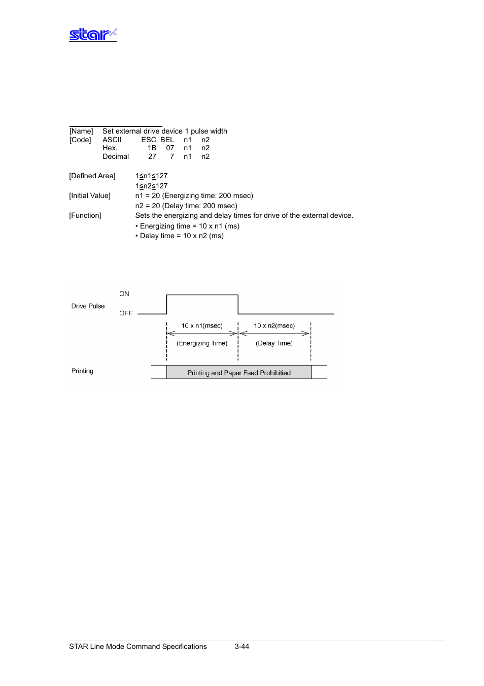 External device drive, Esc bel n1 n2 | Star Micronics Line Thermal Printer User Manual | Page 60 / 181