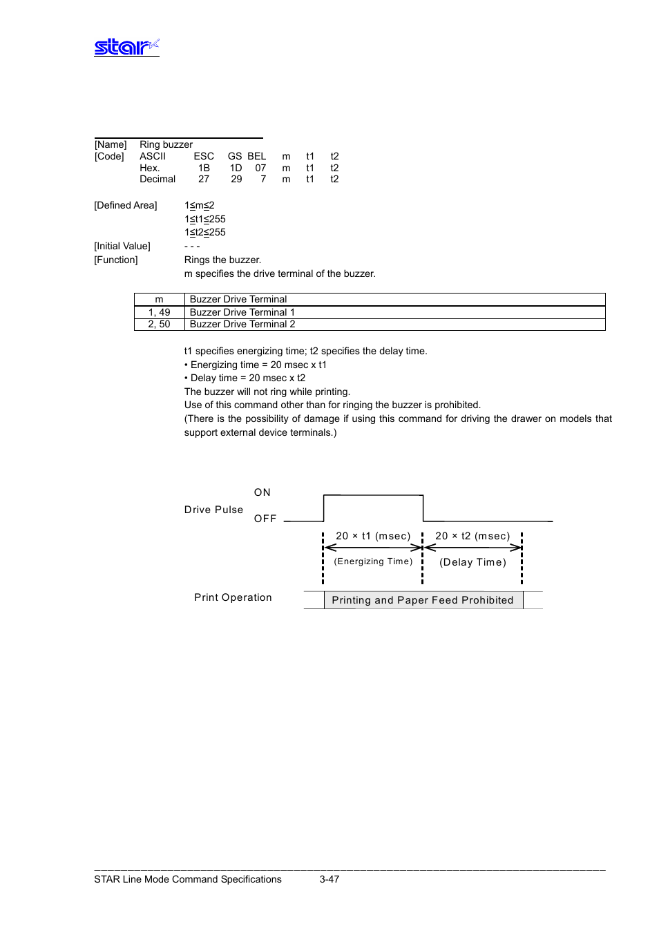 Esc gs bel m t1 t2 | Star Micronics Line Thermal Printer User Manual | Page 63 / 181