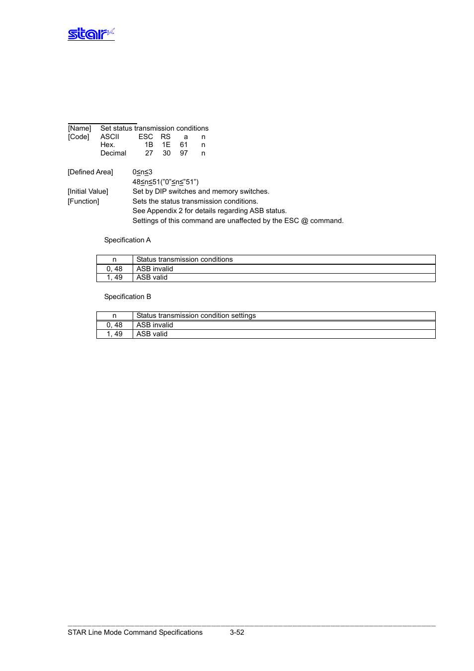 Status, Esc rs a n | Star Micronics Line Thermal Printer User Manual | Page 68 / 181