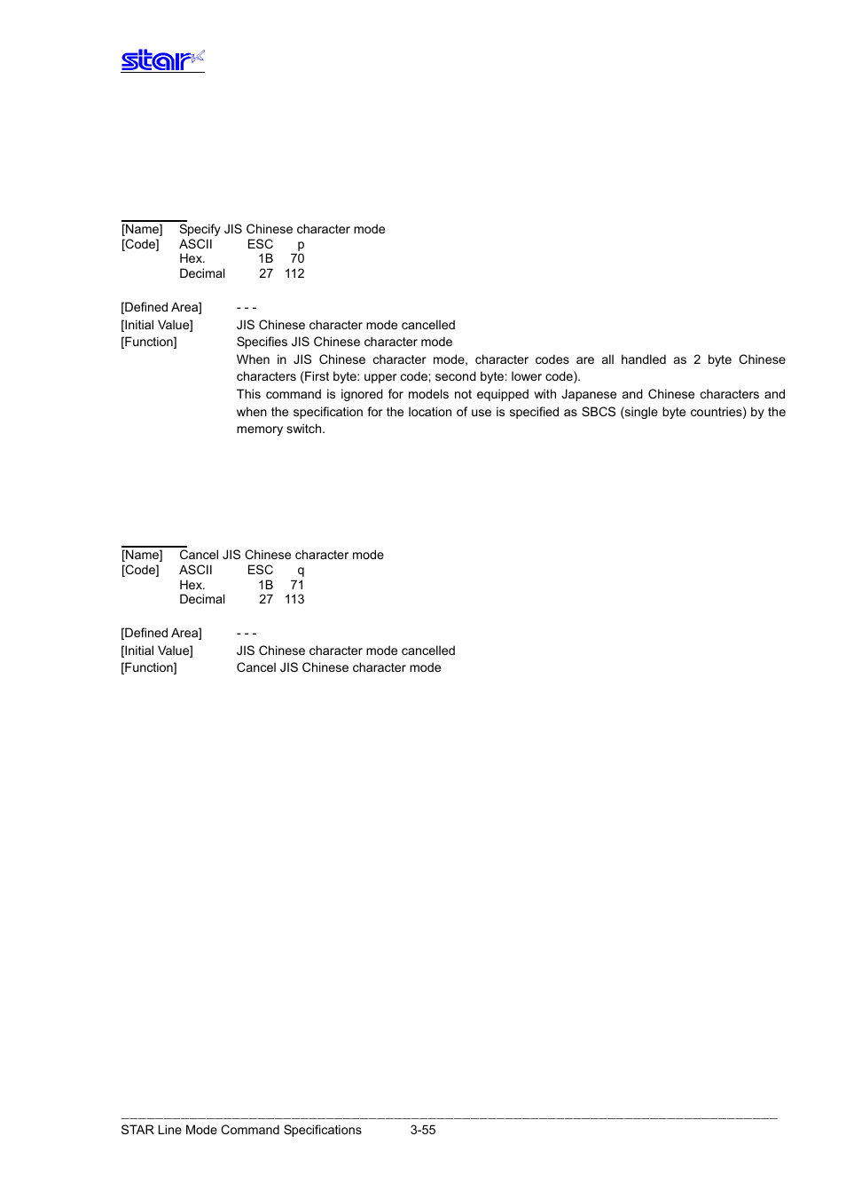 Chinese characters, Esc p, Esc q | Star Micronics Line Thermal Printer User Manual | Page 71 / 181