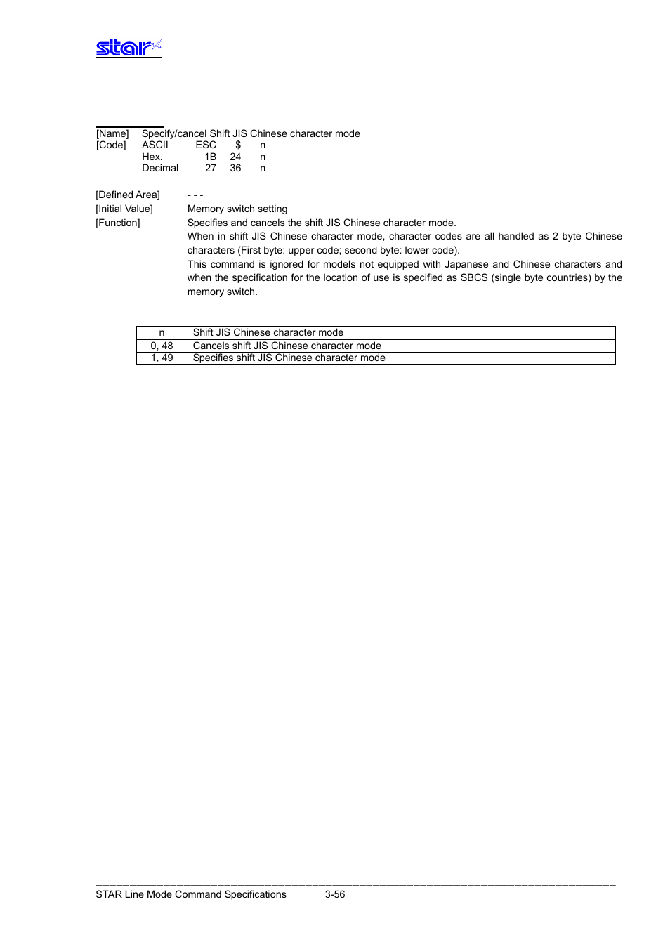 Esc $ n | Star Micronics Line Thermal Printer User Manual | Page 72 / 181