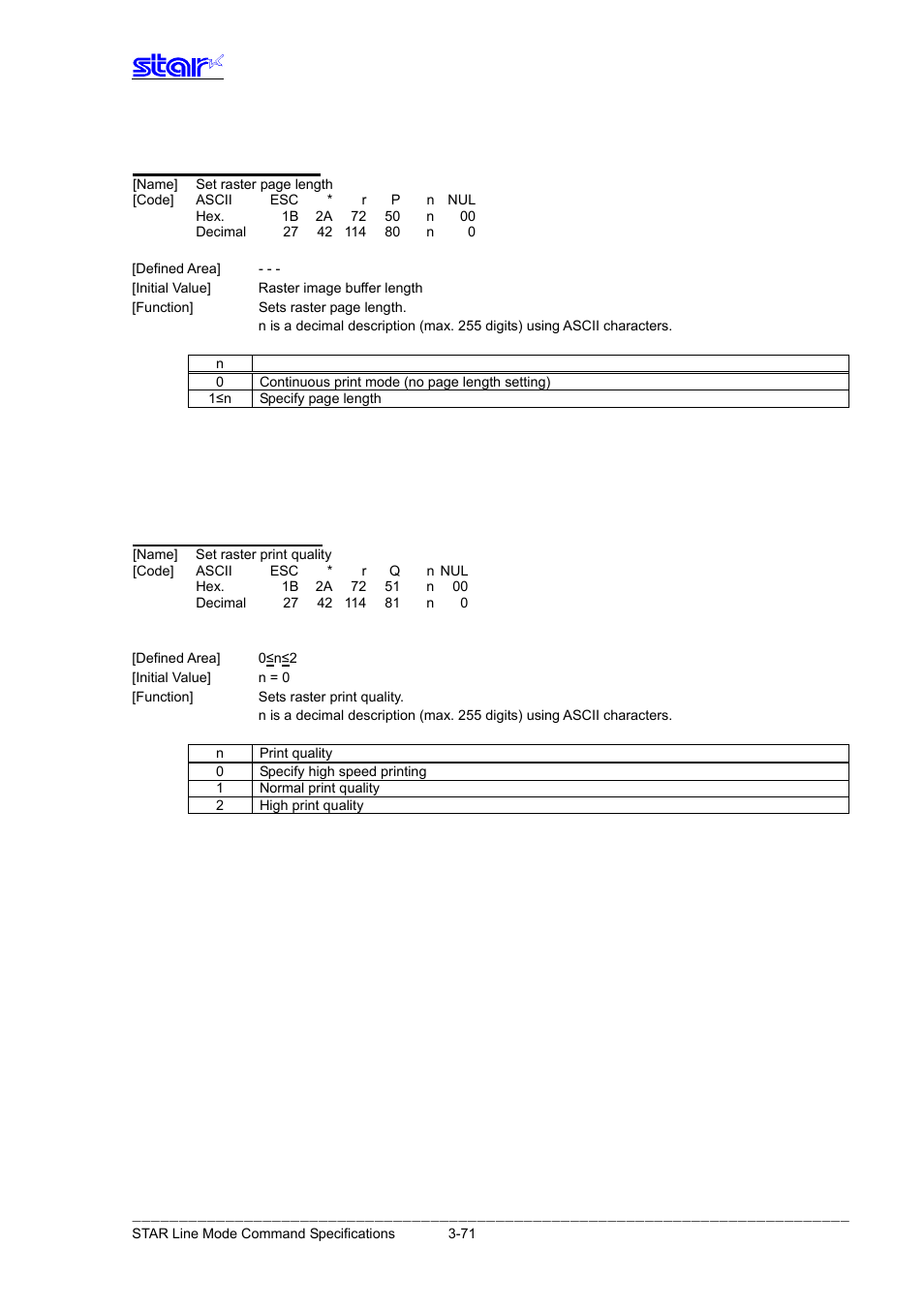 Esc * r p n nul, Esc * r q n nul | Star Micronics Line Thermal Printer User Manual | Page 87 / 181