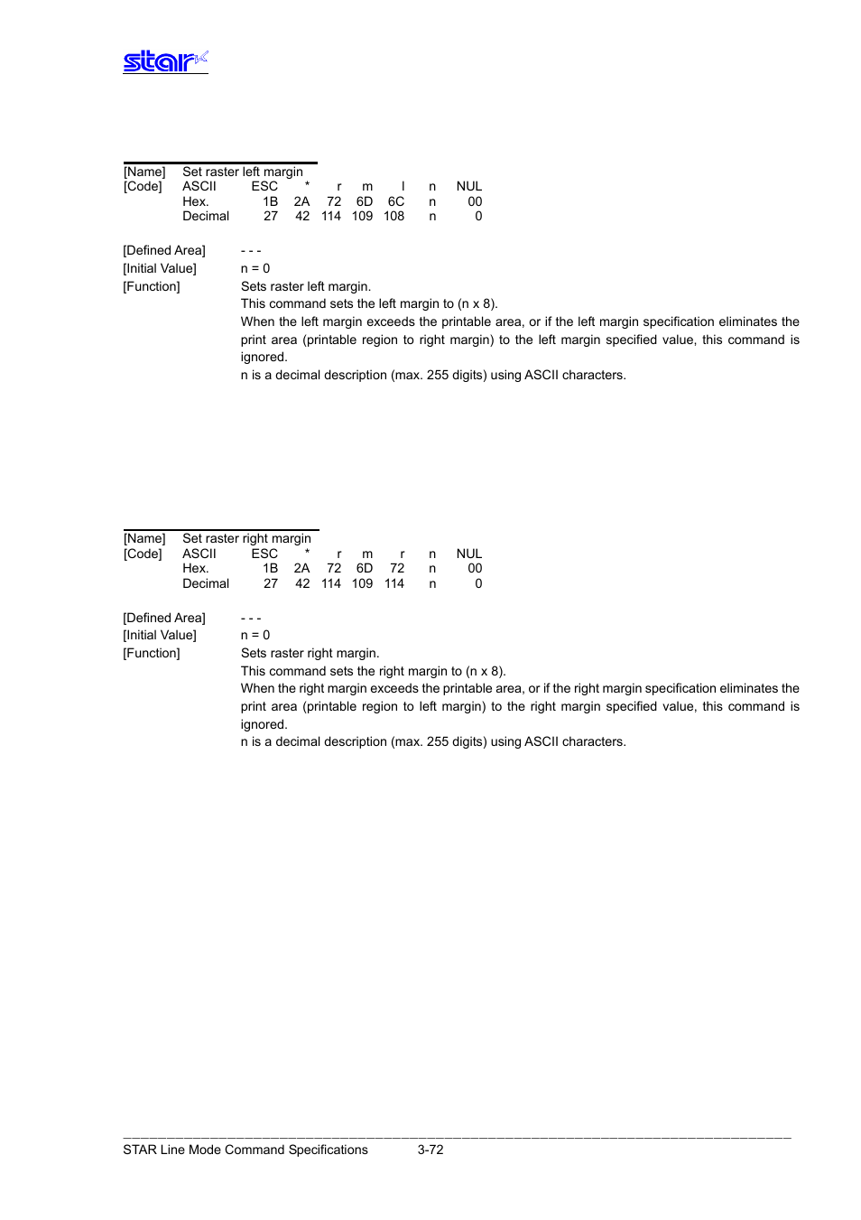 Esc * r m l n nul, Esc * r m r n nul | Star Micronics Line Thermal Printer User Manual | Page 88 / 181