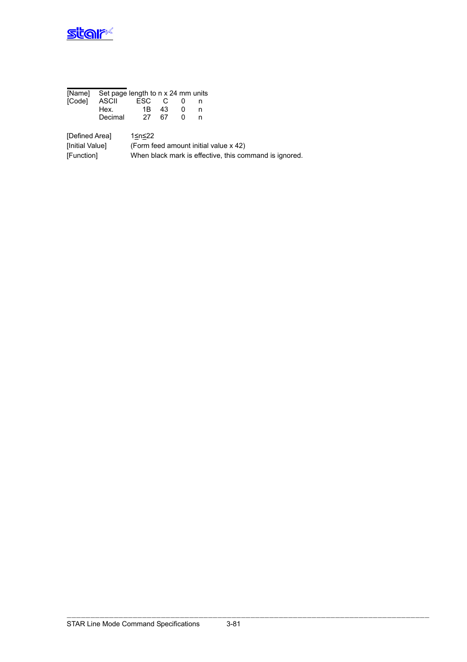 Esc c 0 n | Star Micronics Line Thermal Printer User Manual | Page 97 / 181