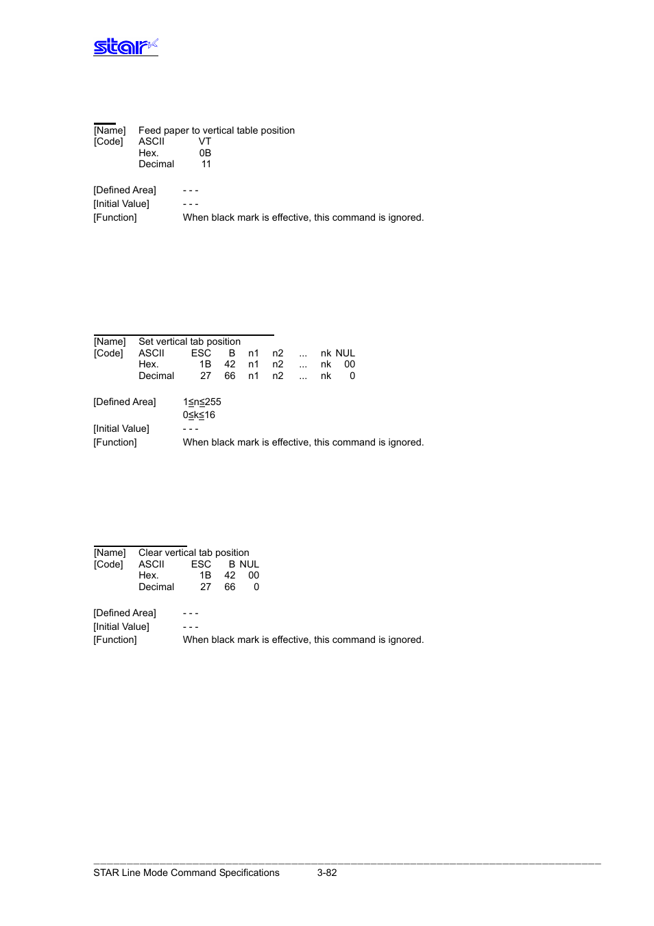 Esc b n1 n2...nk nul, Esc b nul | Star Micronics Line Thermal Printer User Manual | Page 98 / 181