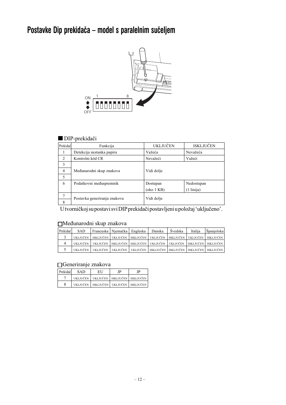 ˇ ˇ  ˆ "    ˇ    ˆ, Dip-prekidaèi, Generiranje znakova | Star Micronics Star SP200 Series User Manual | Page 110 / 127