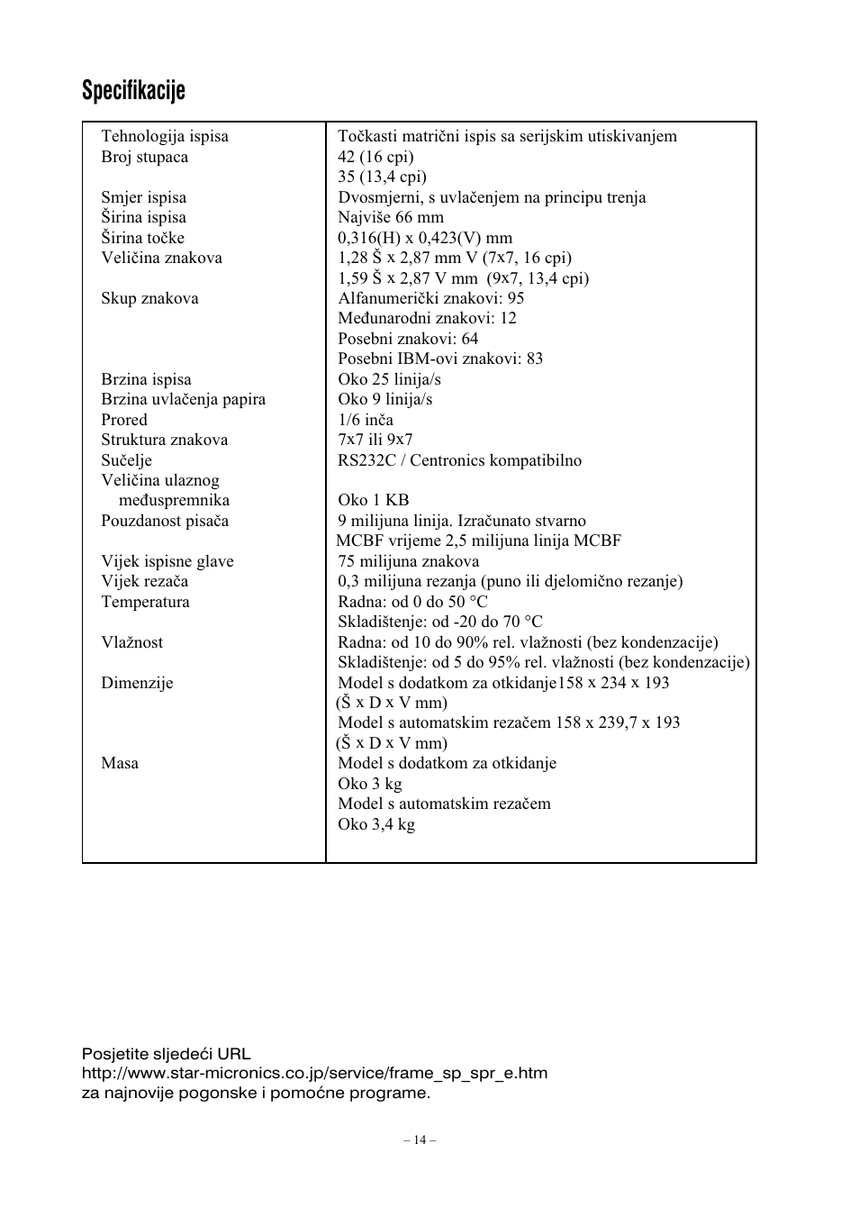 Specifikacije | Star Micronics Star SP200 Series User Manual | Page 112 / 127