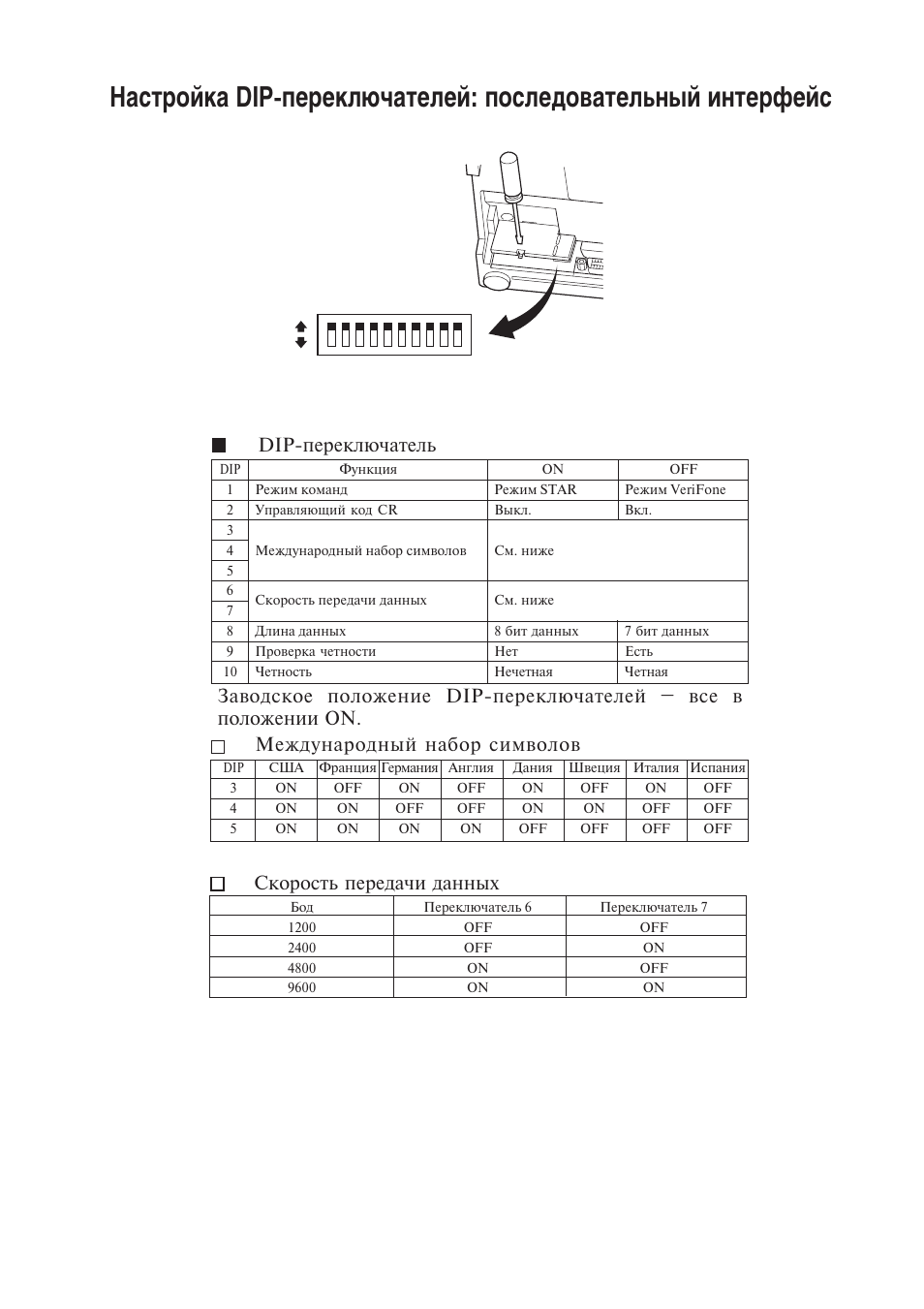 Dip переключатель, Скорость передачи данных | Star Micronics Star SP200 Series User Manual | Page 125 / 127