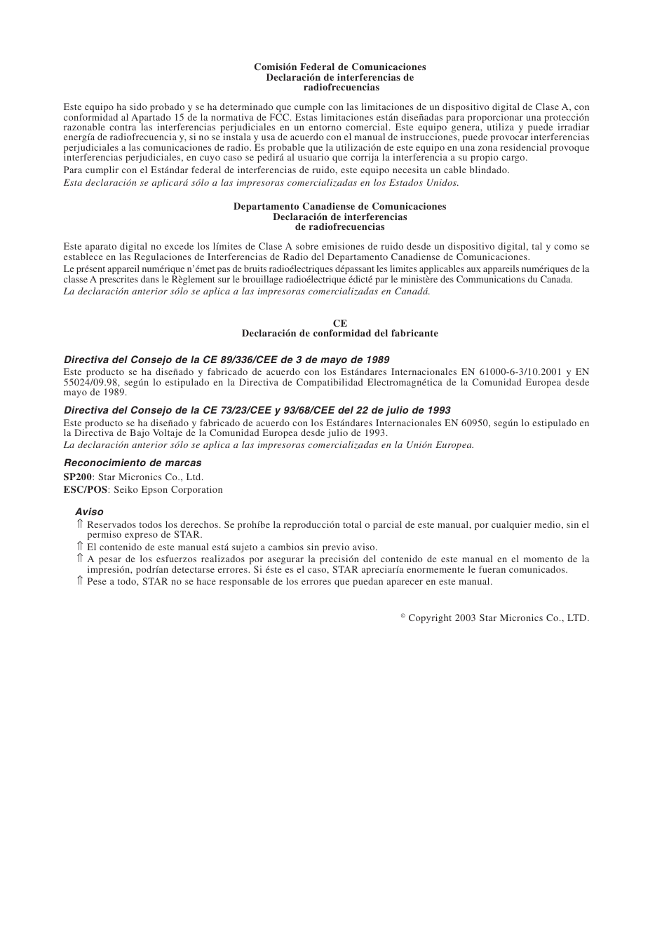 Fcc/ce/aviso | Star Micronics Star SP200 Series User Manual | Page 58 / 127