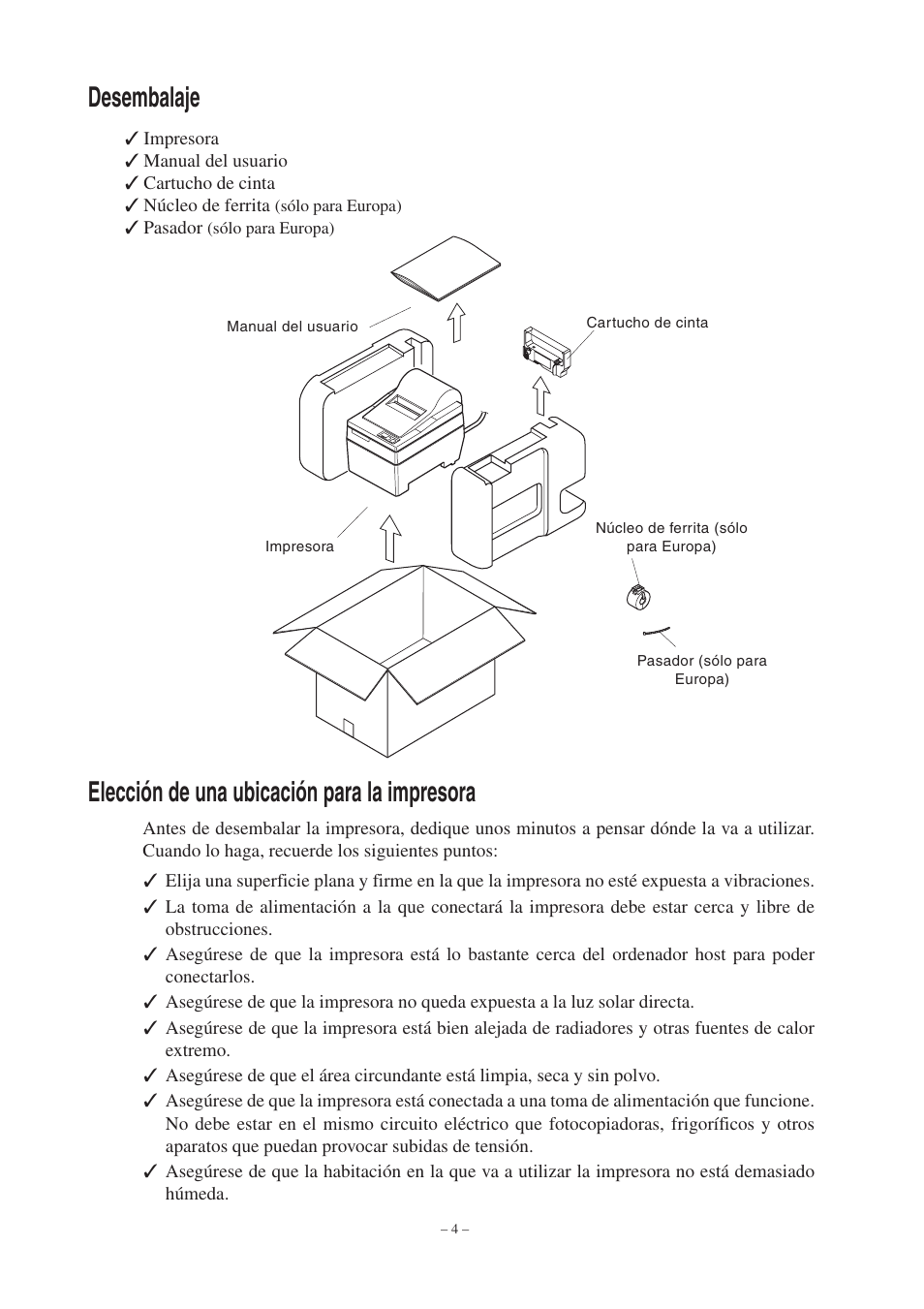 Desembalaje, Elección de una ubicación para la impresora | Star Micronics Star SP200 Series User Manual | Page 60 / 127