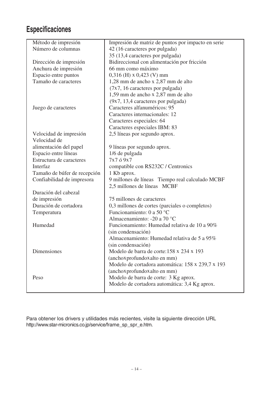 Especificaciones | Star Micronics Star SP200 Series User Manual | Page 70 / 127