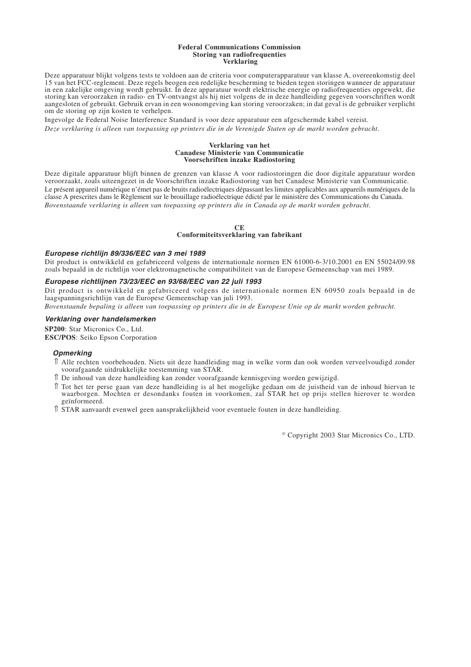 Fcc/ce/opmerking | Star Micronics Star SP200 Series User Manual | Page 86 / 127