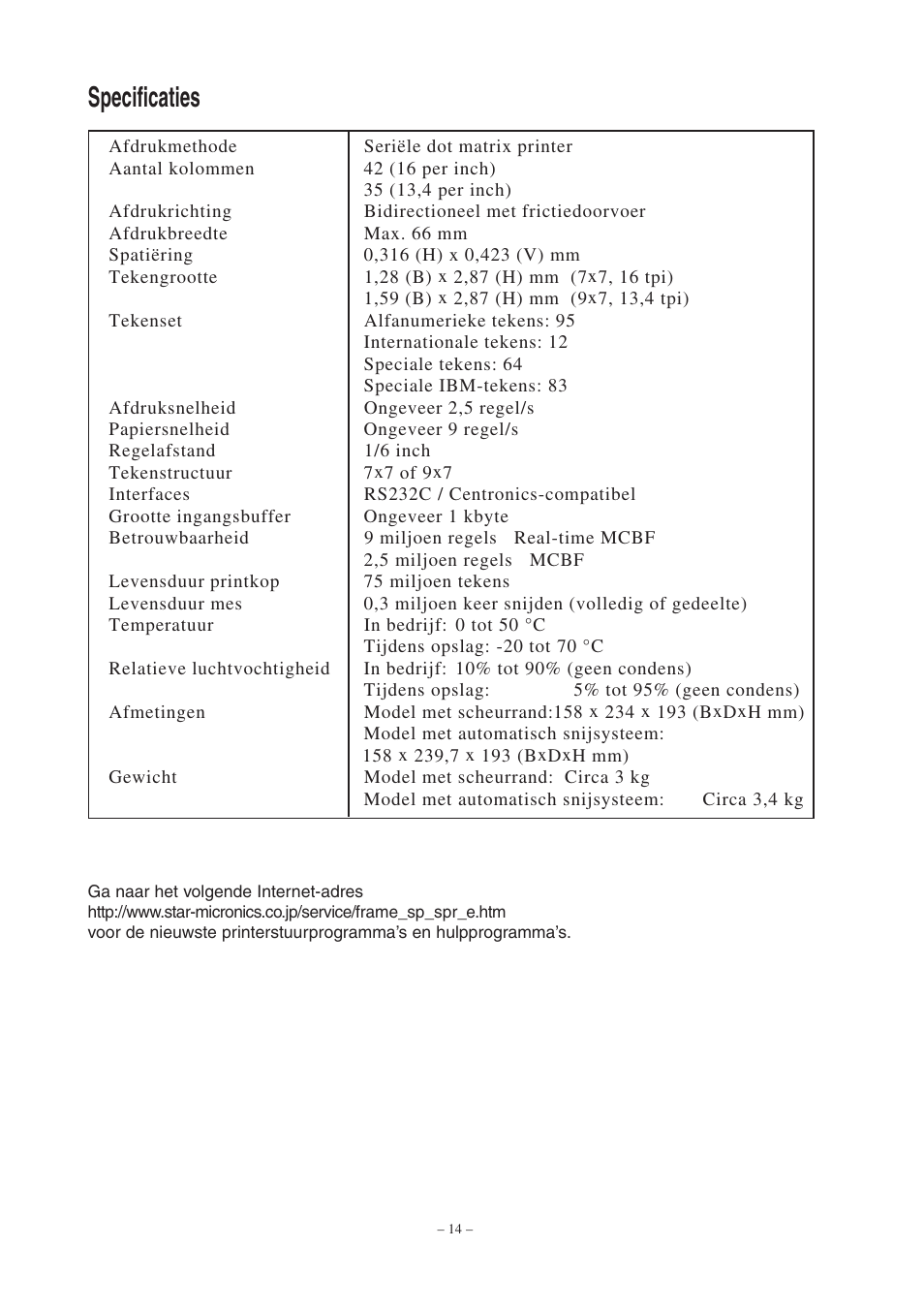 Specificaties | Star Micronics Star SP200 Series User Manual | Page 98 / 127