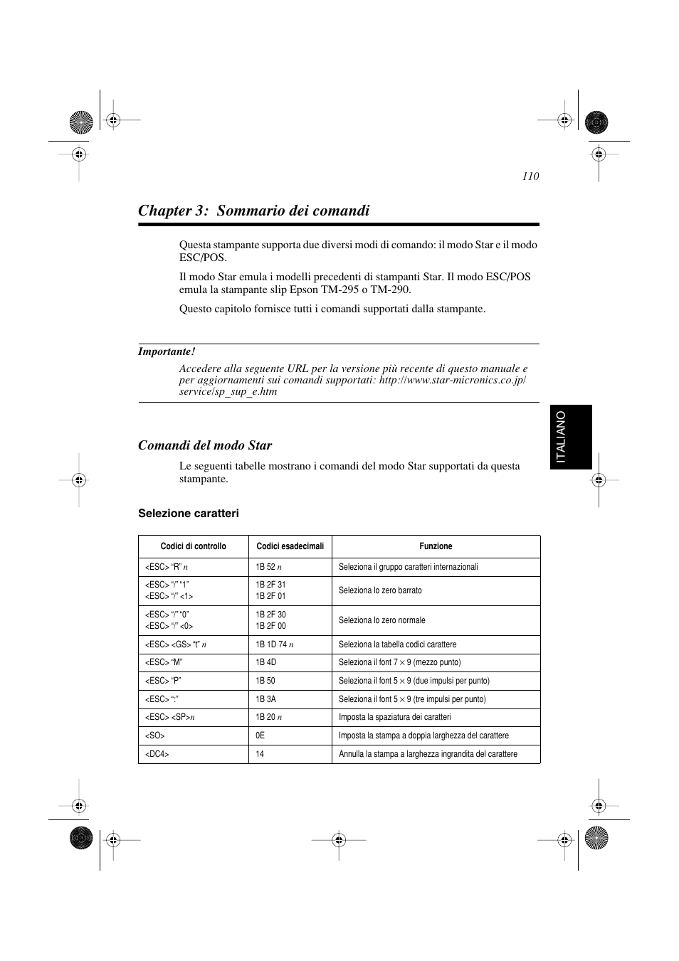 Chapter 3: sommario dei comandi, Comandi del modo star | Star Micronics SP298 Series User Manual | Page 113 / 144