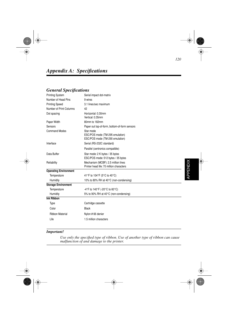 Appendix a: specifications, General specifications | Star Micronics SP298 Series User Manual | Page 123 / 144