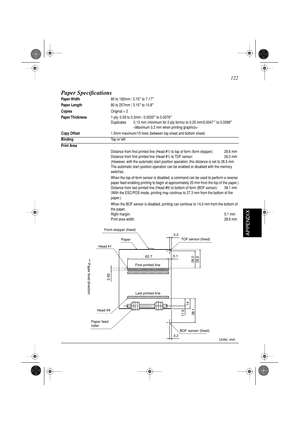 Paper specifications, 122 appendix | Star Micronics SP298 Series User Manual | Page 125 / 144