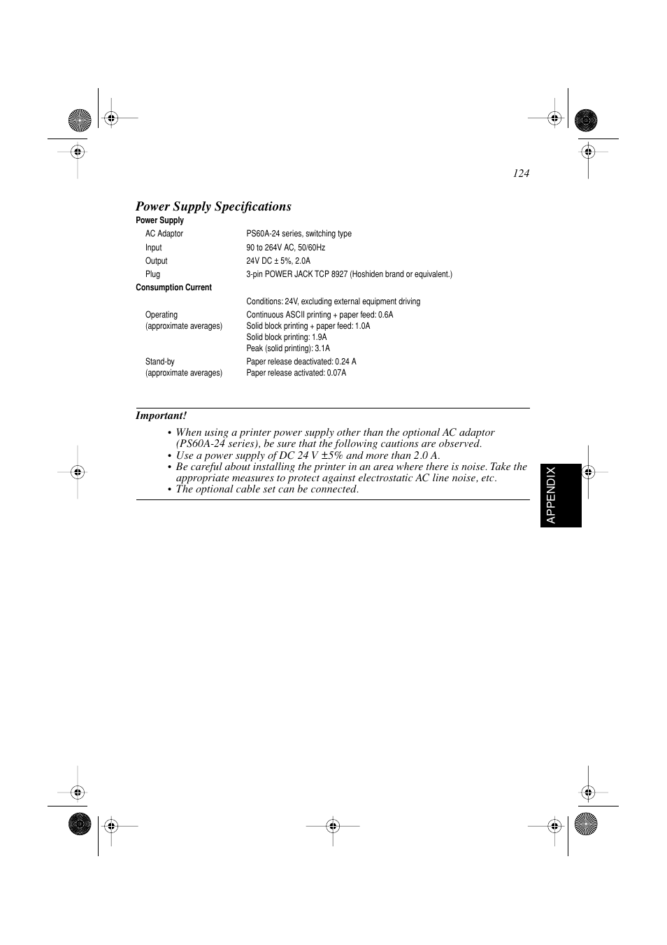 Power supply specifications | Star Micronics SP298 Series User Manual | Page 127 / 144