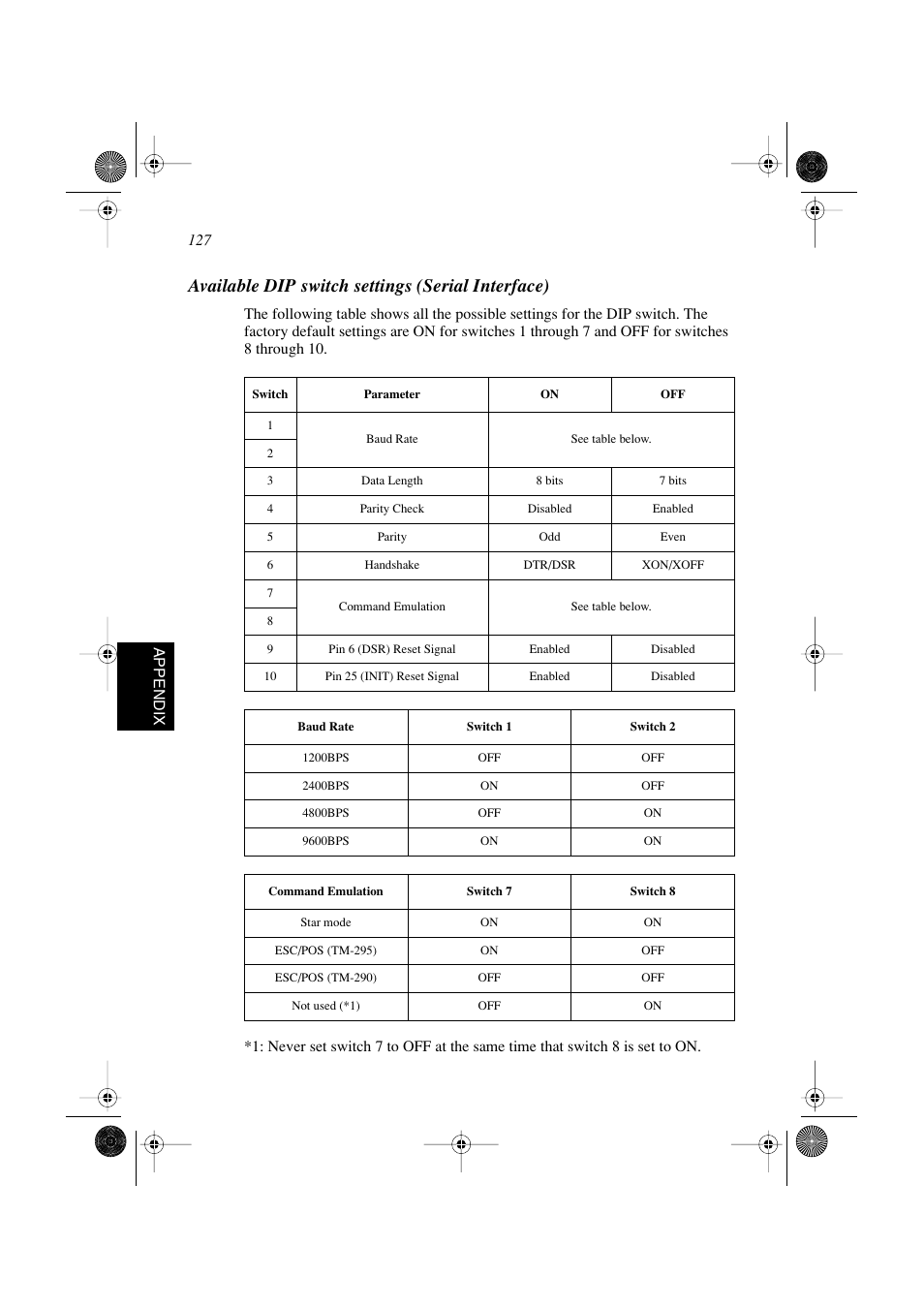 Available dip switch settings (serial interface), 127 appendix | Star Micronics SP298 Series User Manual | Page 130 / 144