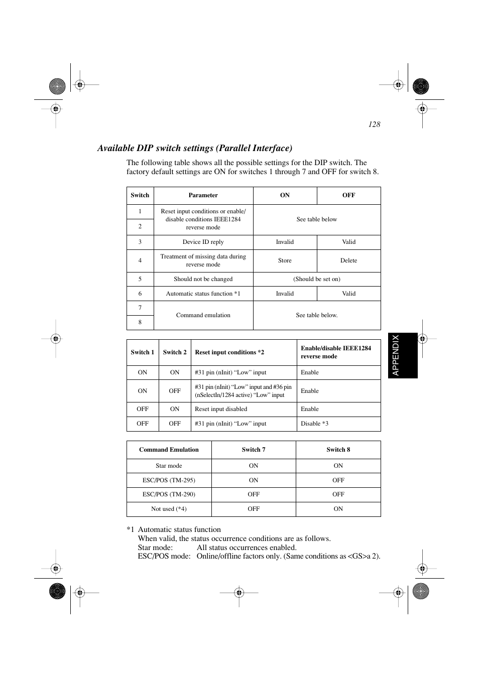 Available dip switch settings (parallel interface) | Star Micronics SP298 Series User Manual | Page 131 / 144