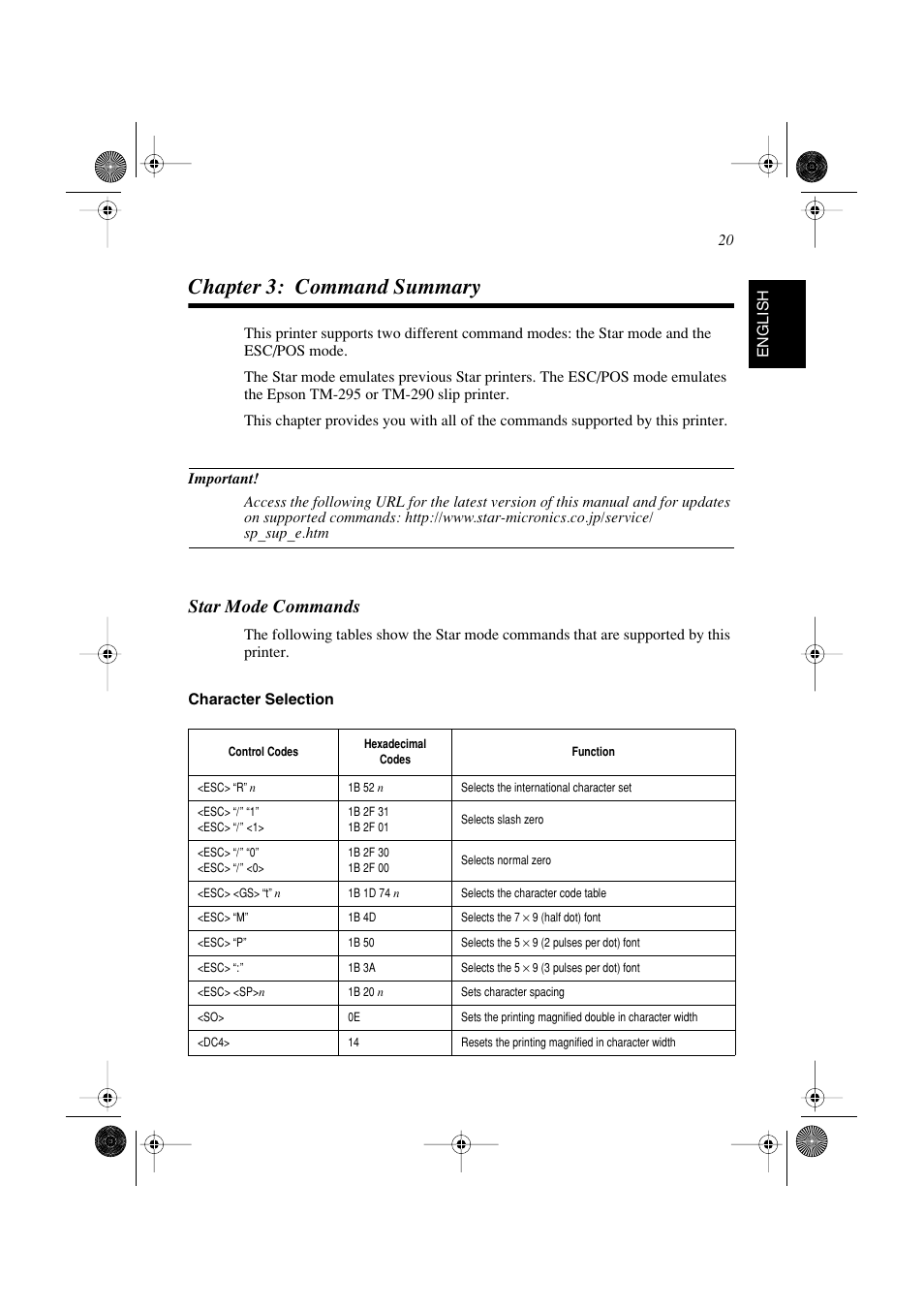 Chapter 3: command summary, Star mode commands | Star Micronics SP298 Series User Manual | Page 23 / 144