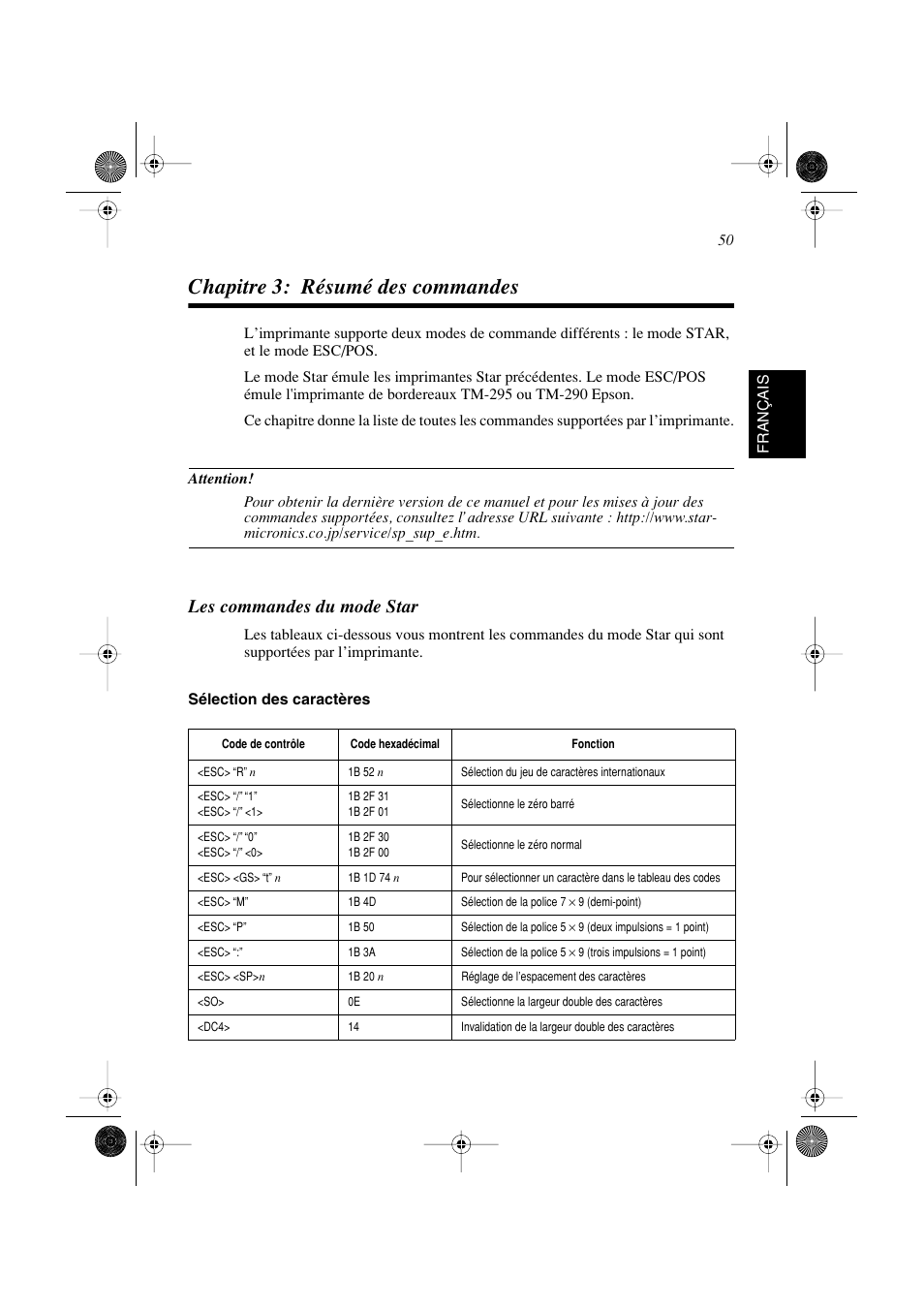 Chapitre 3: résumé des commandes, Les commandes du mode star | Star Micronics SP298 Series User Manual | Page 53 / 144