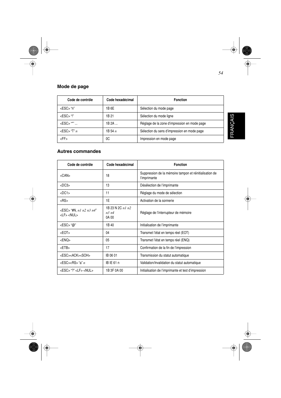 54 fran ç ais mode de page autres commandes | Star Micronics SP298 Series User Manual | Page 57 / 144