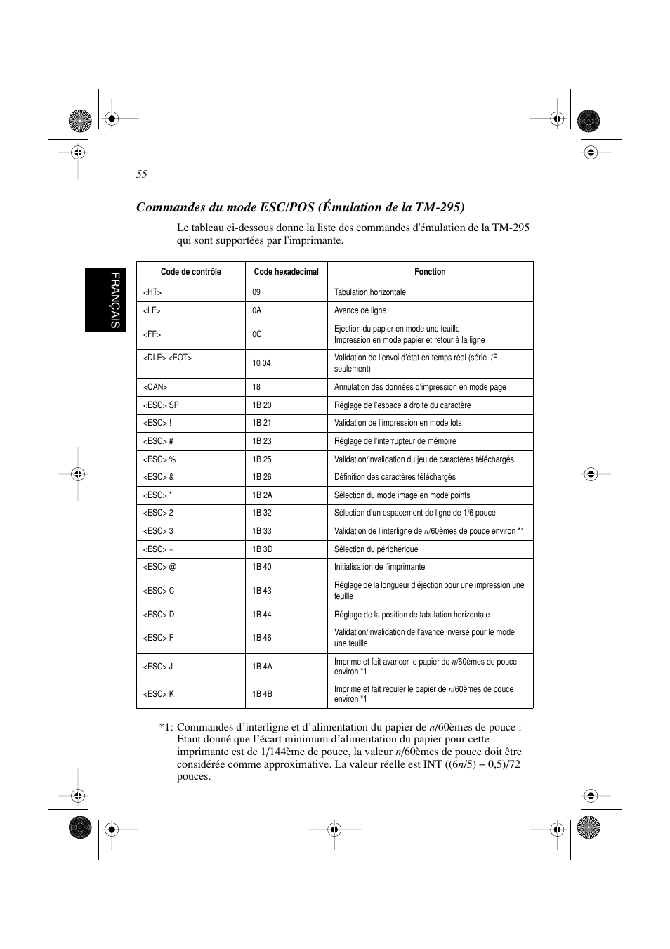 Commandes du mode esc/pos (émulation de la tm-295) | Star Micronics SP298 Series User Manual | Page 58 / 144