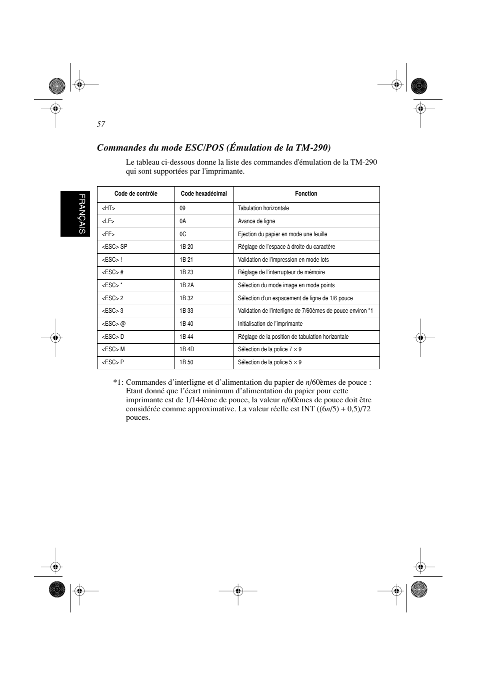 Commandes du mode esc/pos (émulation de la tm-290) | Star Micronics SP298 Series User Manual | Page 60 / 144