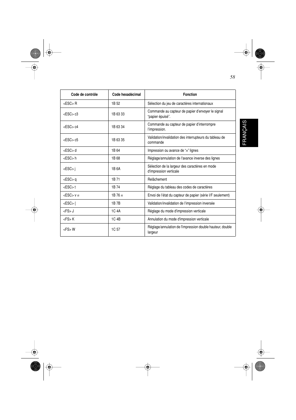 58 fran ç ais | Star Micronics SP298 Series User Manual | Page 61 / 144