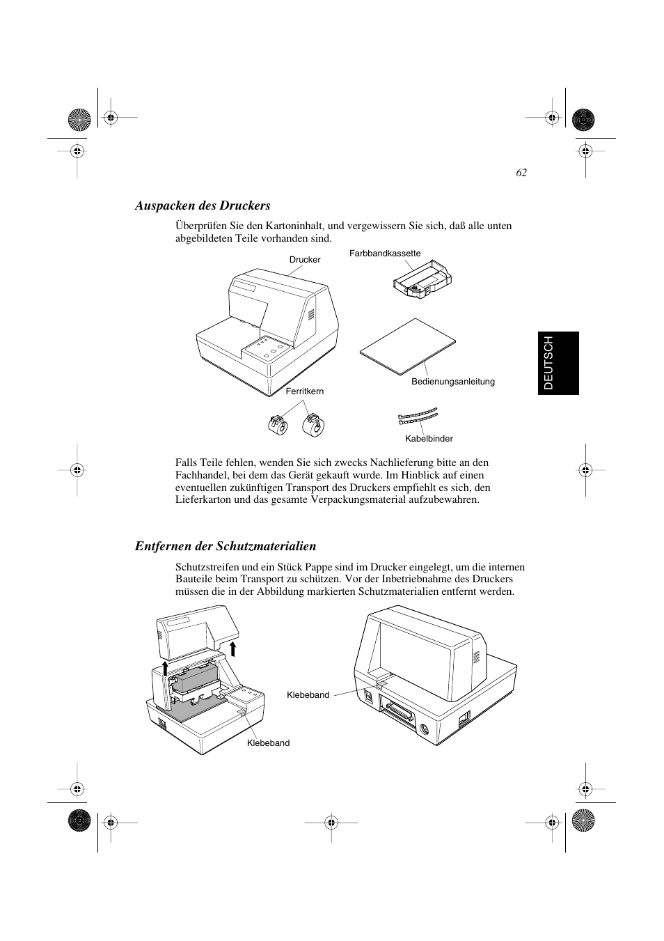 Auspacken des druckers, Entfernen der schutzmaterialien | Star Micronics SP298 Series User Manual | Page 65 / 144